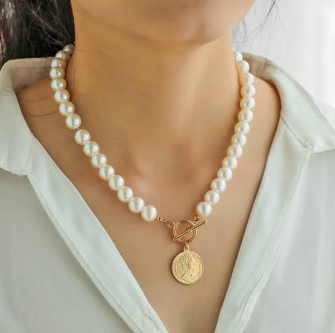 NOORZAH JEWELS Pearl Coin Chain Necklace For Women