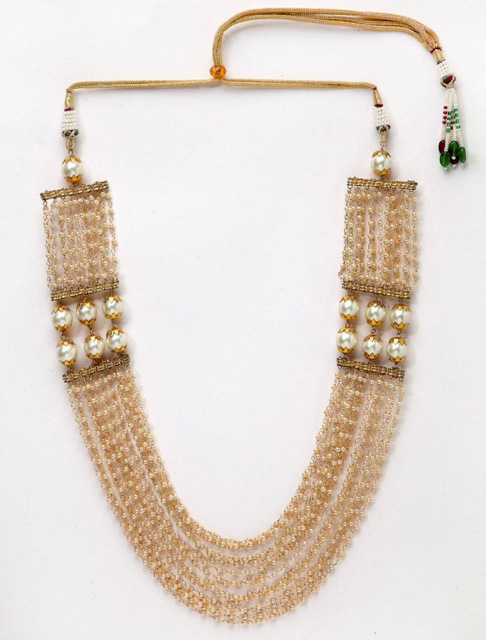 Gold plated necklace with beaded strings, stone embellished & tassel string.