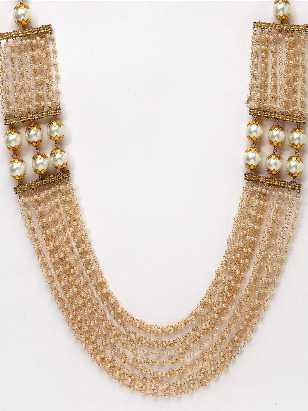 Gold plated necklace with beaded strings, stone embellished & tassel string.